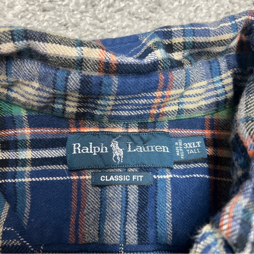 Ralph Lauren Flannel Shirt Men 3XLT Tall Blue Plaid Button Pony Thick Classic - Picture 6 of 9